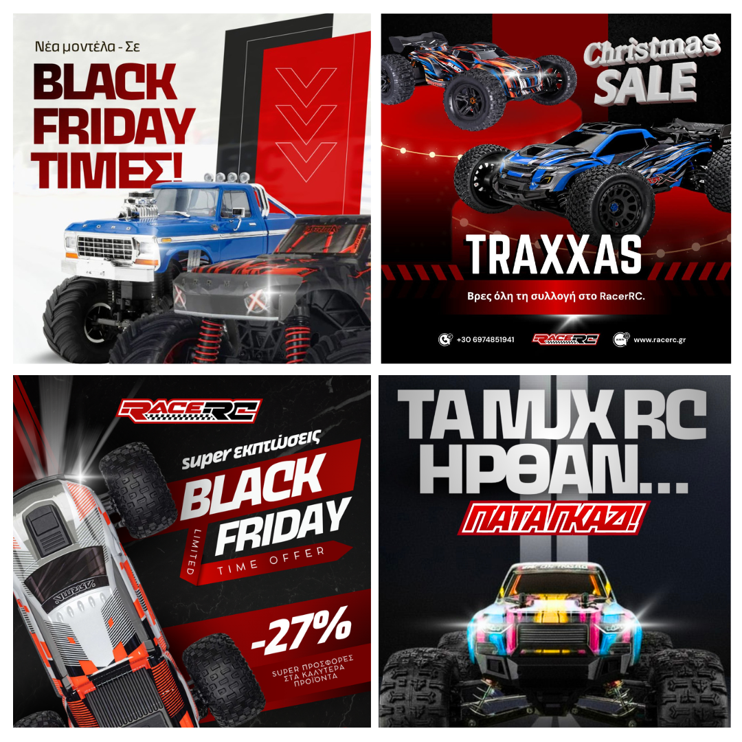 RaceRC promotional graphics featuring Black Friday deals and Traxxas RC cars